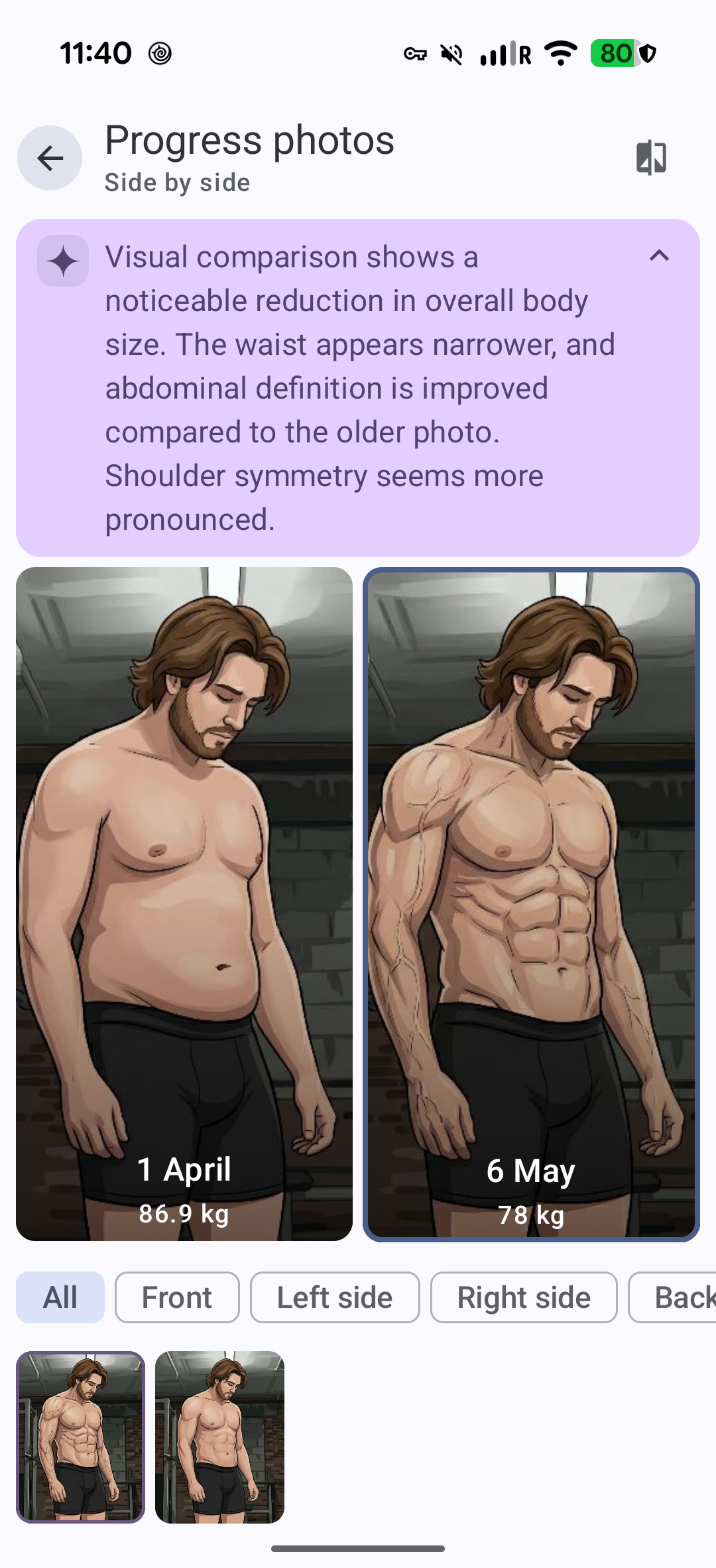 Fitzenia progress photos side-by-side comparison screen