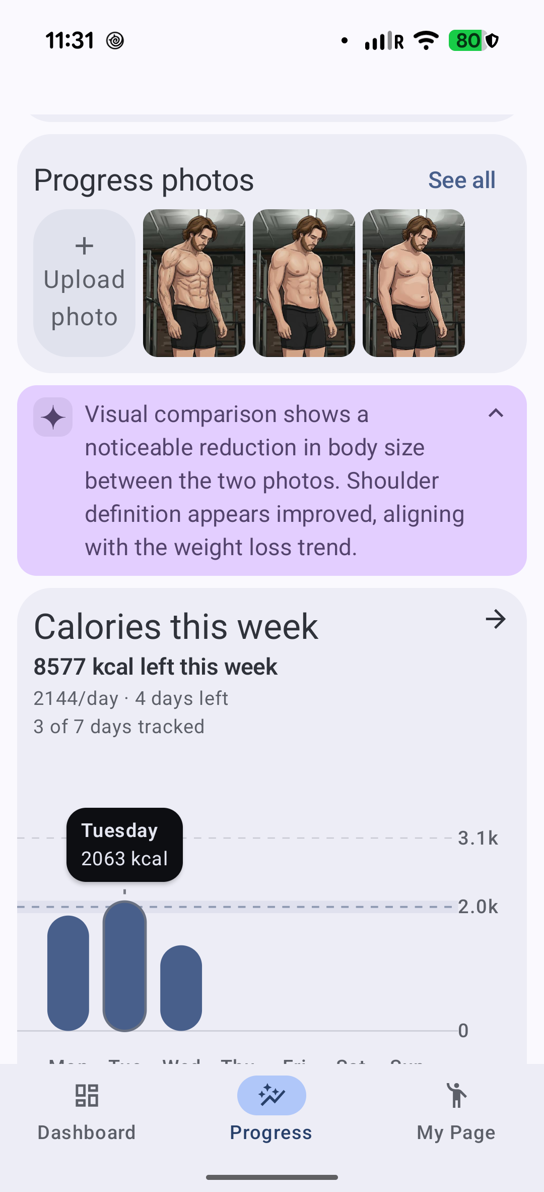 Fitzenia progress page with progress photos, AI insight, and calories this week